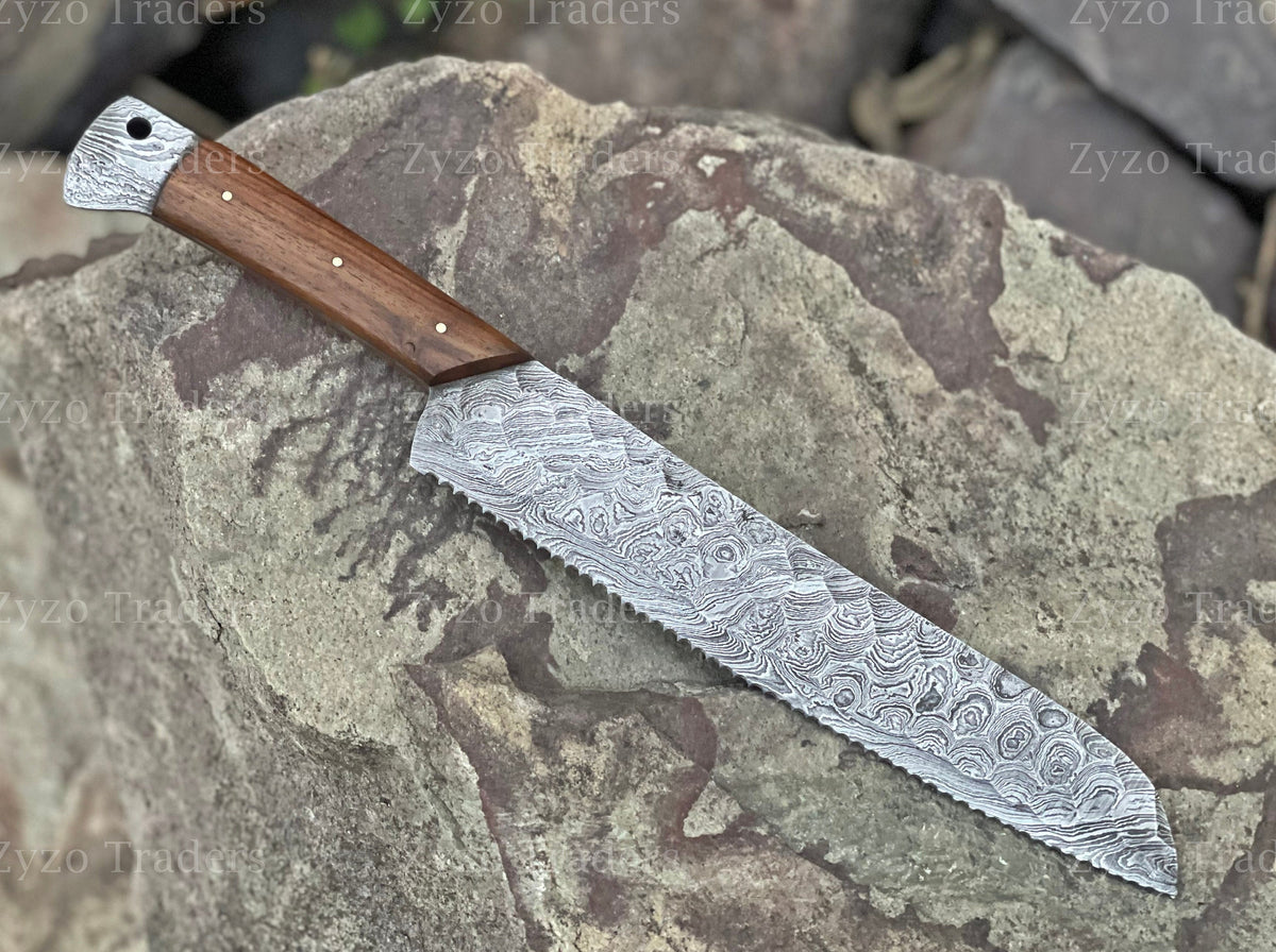 Handmade Damascus Steel Serrated Bread Knife: Rosewood Handle, 15"
