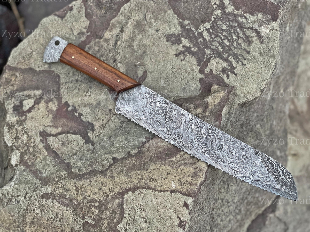 Handmade Damascus Steel Serrated Bread Knife: Rosewood Handle, 15"