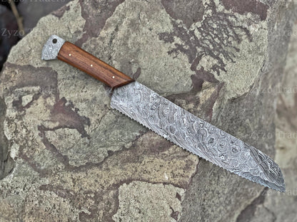 Handmade Damascus Steel Serrated Bread Knife: Rosewood Handle, 15"