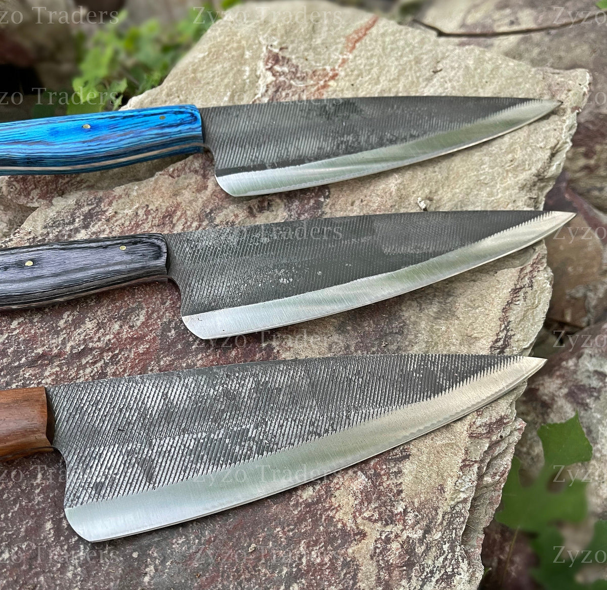 Handmade High Carbon Steel Chef Knife: Damascus Blade, Leather Sheath