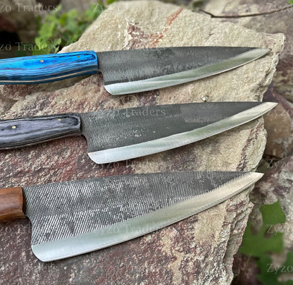 Handmade High Carbon Steel Chef Knife: Damascus Blade, Leather Sheath