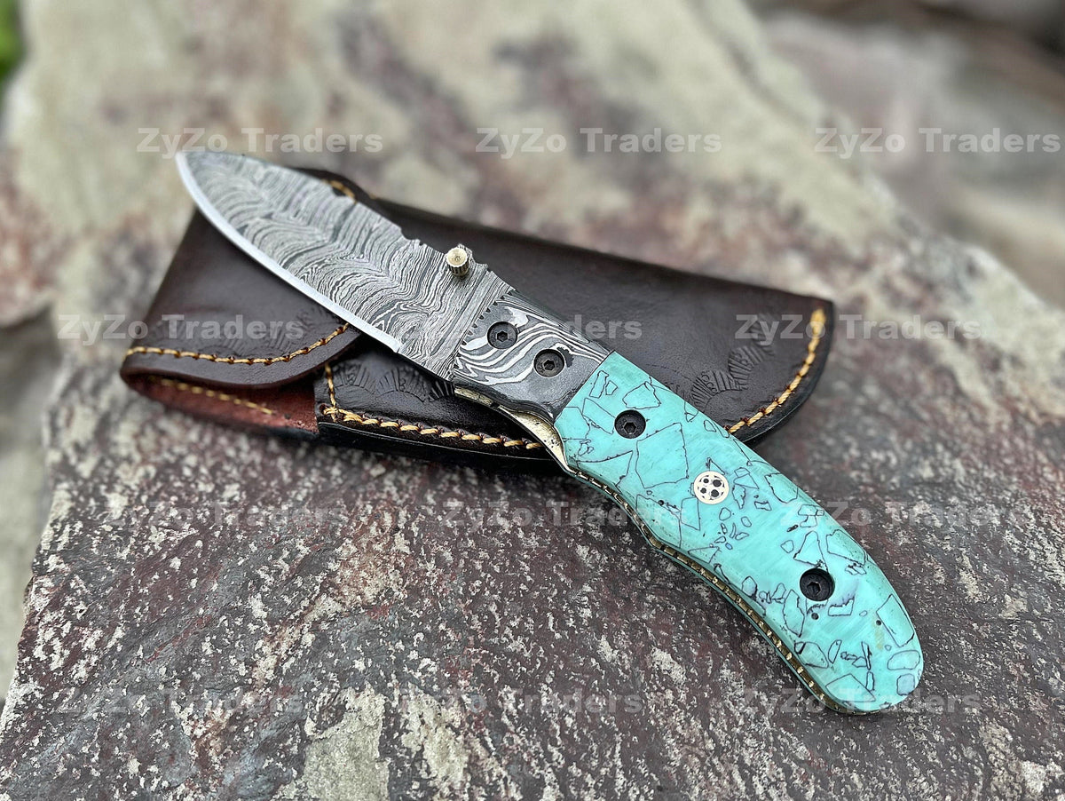 Handmade Damascus Folding Knife: Turquoise Resin Handle, Leather Sheath