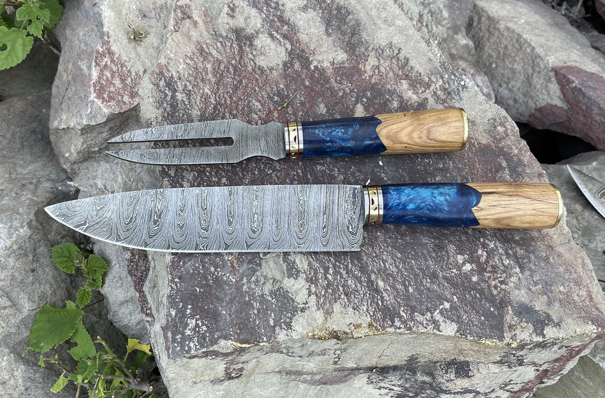 Handcrafted High Carbon Damascus Steel BBQ Fork and Chef Knife Set Outdoor Grilling
