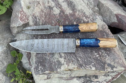 Handcrafted High Carbon Damascus Steel BBQ Fork and Chef Knife Set Outdoor Grilling