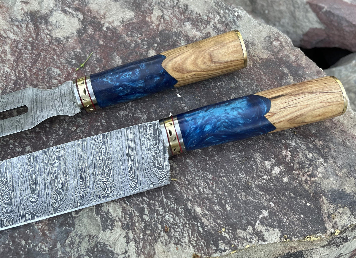 Handcrafted High Carbon Damascus Steel BBQ Fork and Chef Knife Set Outdoor Grilling