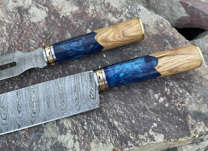 Handcrafted High Carbon Damascus Steel BBQ Fork and Chef Knife Set Outdoor Grilling