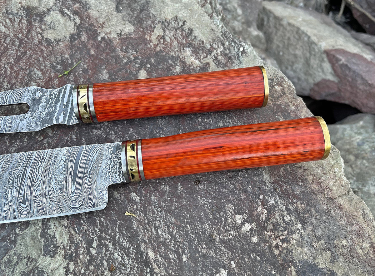 Handcrafted High Carbon Damascus Steel BBQ Fork and Chef Knife Set Outdoor Grilling