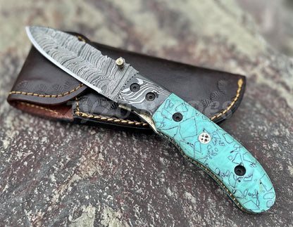 Handmade Damascus Folding Knife: Turquoise Resin Handle, Leather Sheath