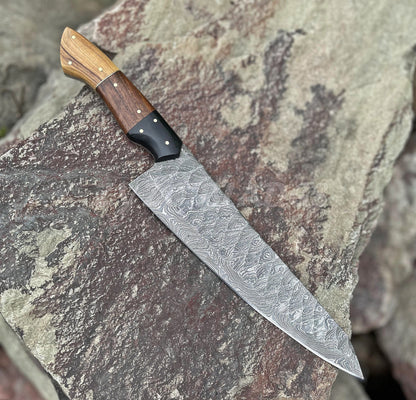 Handcrafted Damascus Steel Chef Knife with Natural Wood Handle