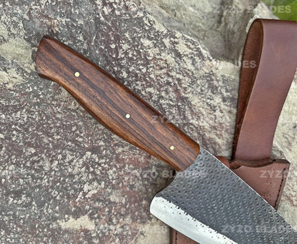 Handcrafted Damascus Santoku Chef Knife: Natural Wood Handle, Leather Sheath