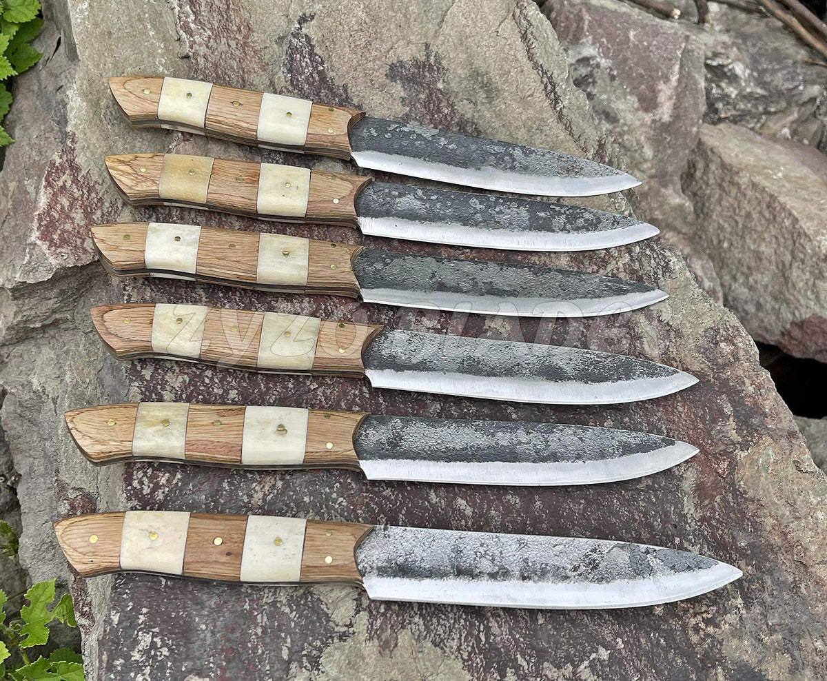 Hand Forged Damascus Steel Steak Knife Set: Full Tang, PKKA Wood & Camel Bone Handle