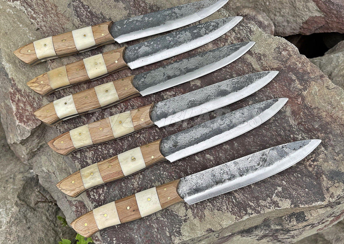 Hand Forged Damascus Steel Steak Knife Set: Full Tang, PKKA Wood & Camel Bone Handle