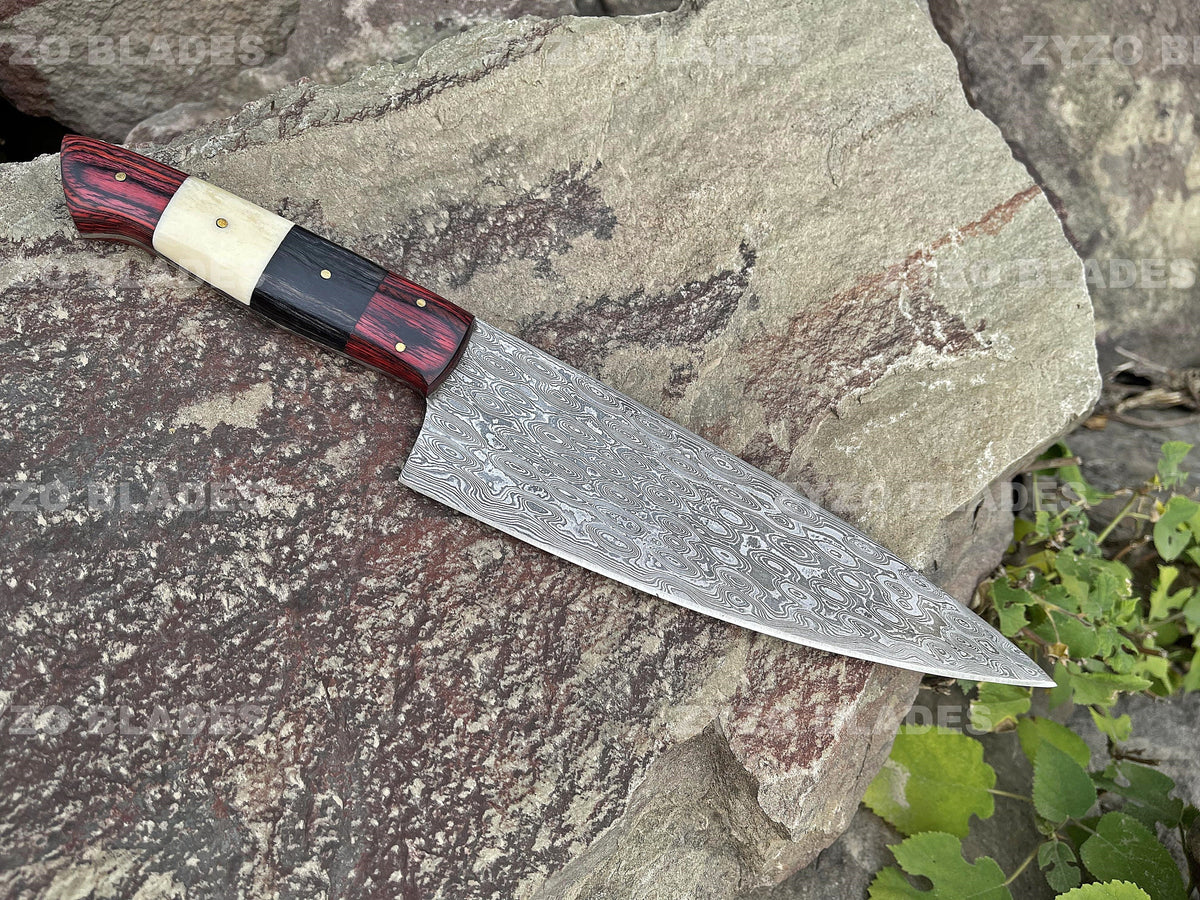 Handcrafted Damascus Steel Chef Knife: Raindrop Pattern, Full Tang