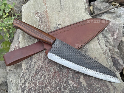 Handcrafted Damascus Santoku Chef Knife: Natural Wood Handle, Leather Sheath