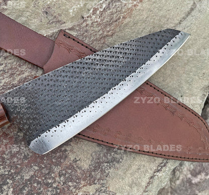 Handcrafted Damascus Santoku Chef Knife: Natural Wood Handle, Leather Sheath