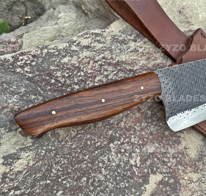 Handcrafted Damascus Santoku Chef Knife: Natural Wood Handle, Leather Sheath
