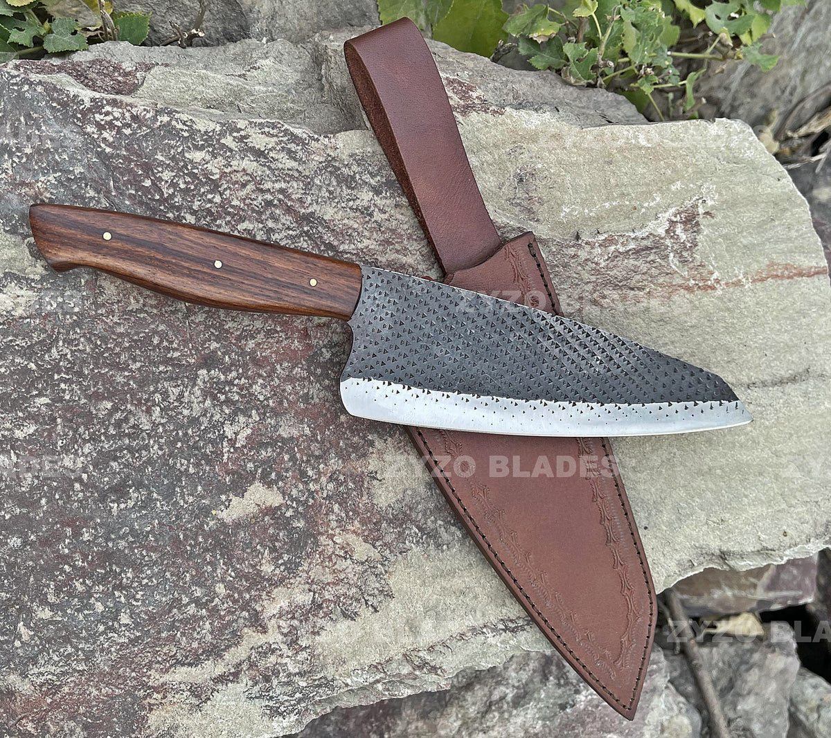 Handcrafted Damascus Santoku Chef Knife: Natural Wood Handle, Leather Sheath