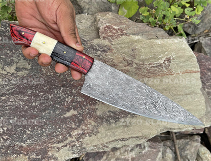 Handcrafted Damascus Steel Chef Knife: Raindrop Pattern, Full Tang