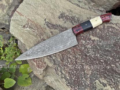 Handcrafted Damascus Steel Chef Knife: Raindrop Pattern, Full Tang