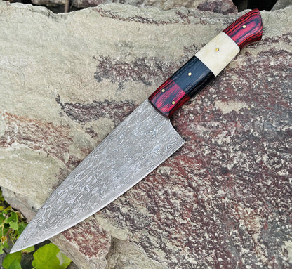 Handcrafted Damascus Steel Chef Knife: Raindrop Pattern, Full Tang