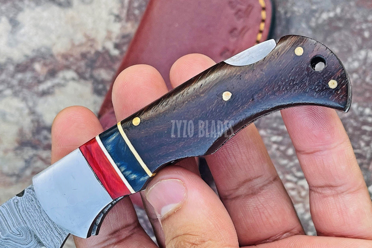 Handmade Damascus Pocket Knife Rose Wood Handle