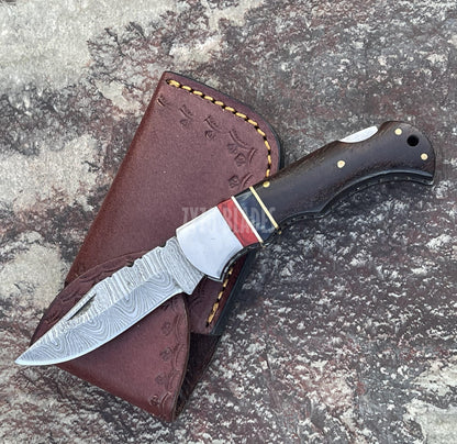 Handmade Damascus Pocket Knife Rose Wood Handle