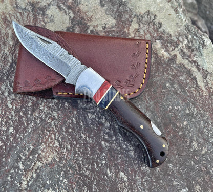Handmade Damascus Pocket Knife Rose Wood Handle