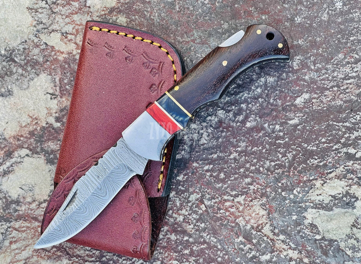 Handmade Damascus Pocket Knife Rose Wood Handle