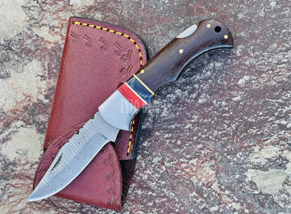 Handmade Damascus Pocket Knife Rose Wood Handle