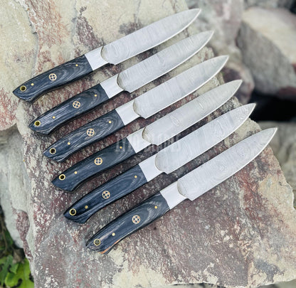 Handmade Damascus Steel Steak Knives - Pakka Wood Handle, Set of 6