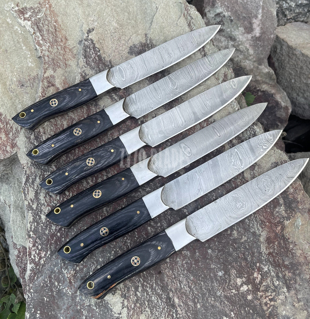 Handmade Damascus Steel Steak Knives - Pakka Wood Handle, Set of 6