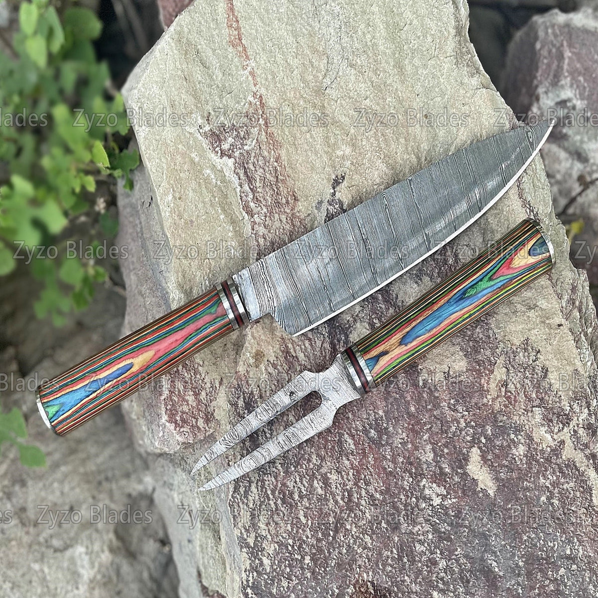 Handmade Damascus Steel Chef Knife & Fork Set, Multi Color Wood Handle