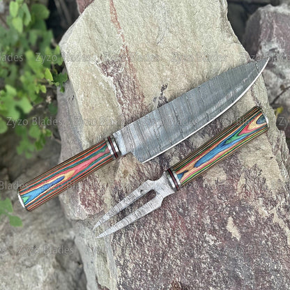 Handmade Damascus Steel Chef Knife & Fork Set, Multi Color Wood Handle