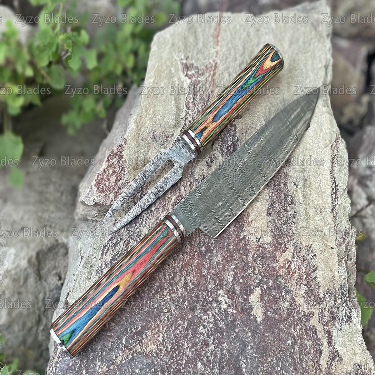 Handmade Damascus Steel Chef Knife & Fork Set, Multi Color Wood Handle