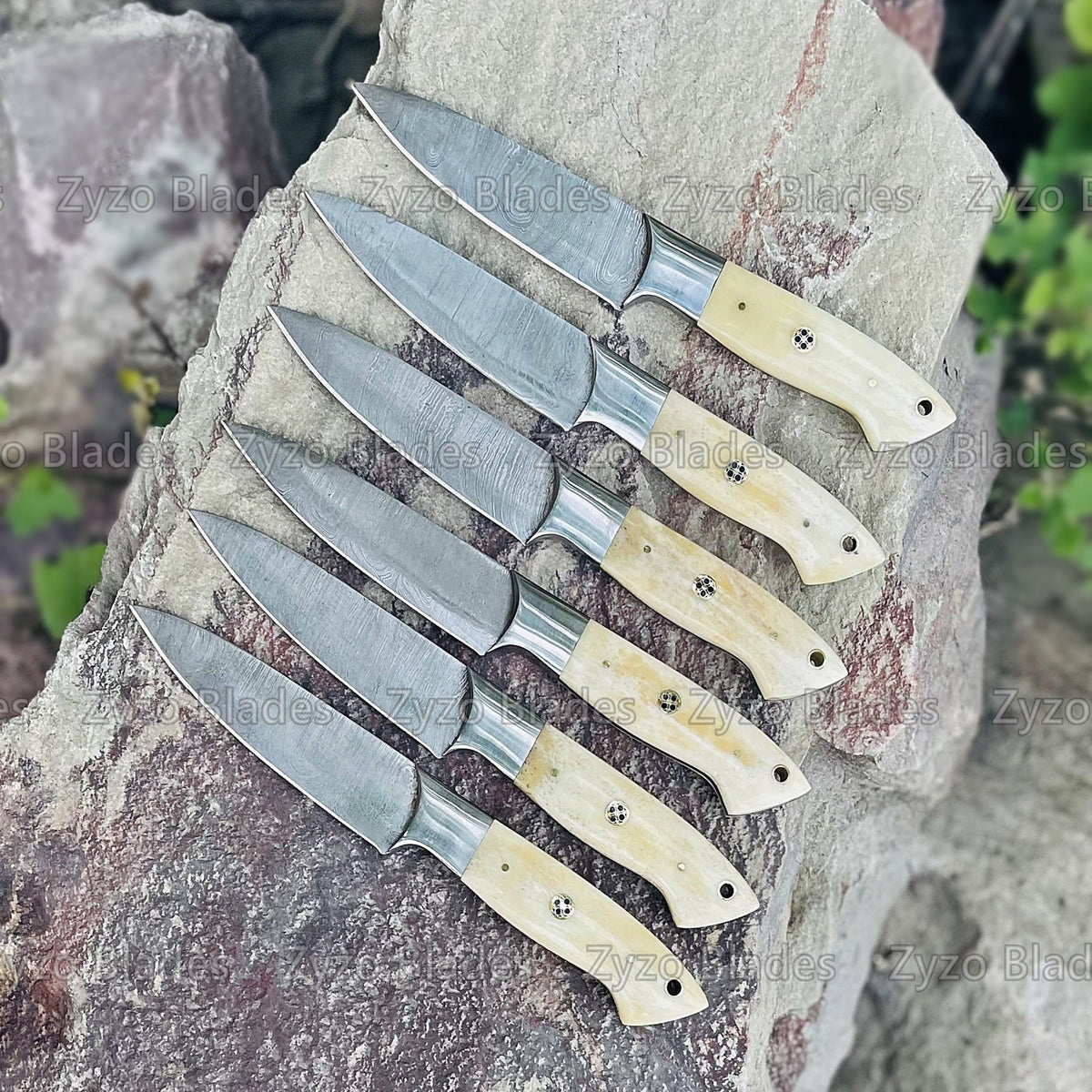 Steak Knife Set 6 Pcs Custom Handmade Damascus Steel BBQ Grilling knives - Bone Handle