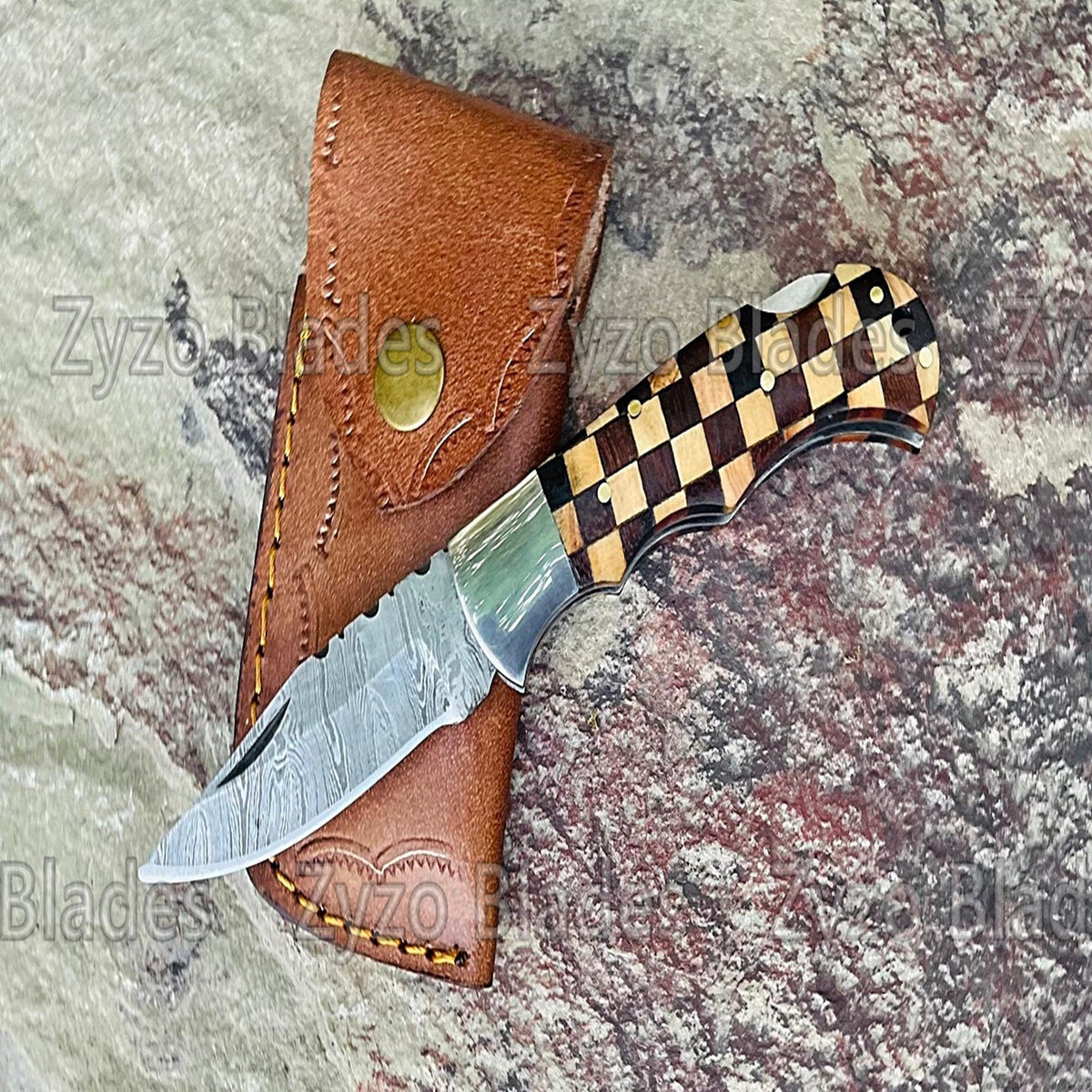 Handmade Damascus Pocket Knife Olive Color Handle