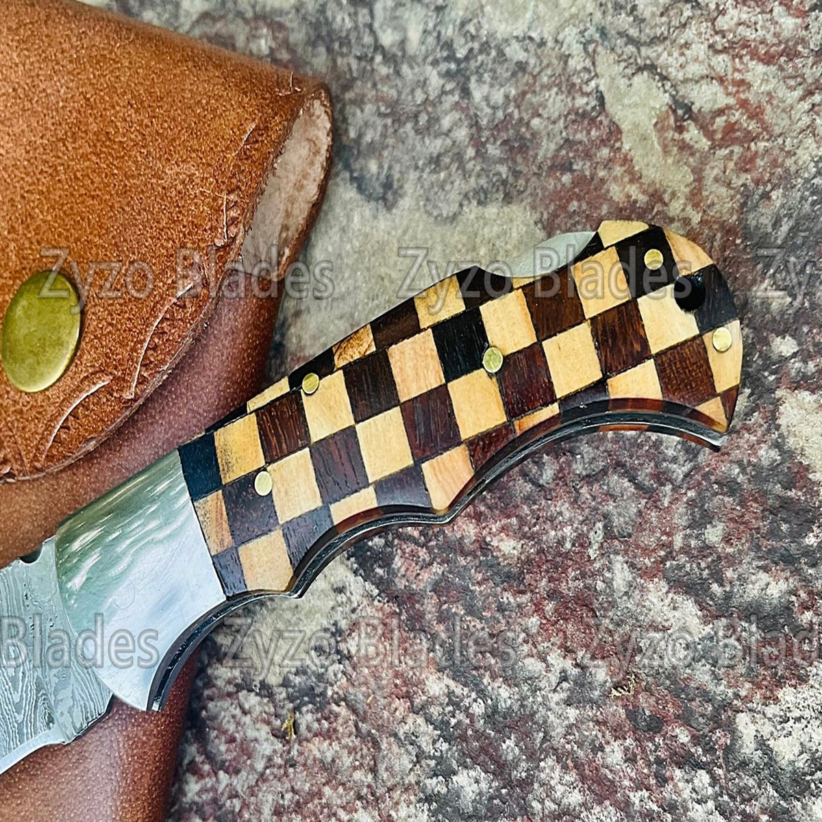 Handmade Damascus Pocket Knife Olive Color Handle