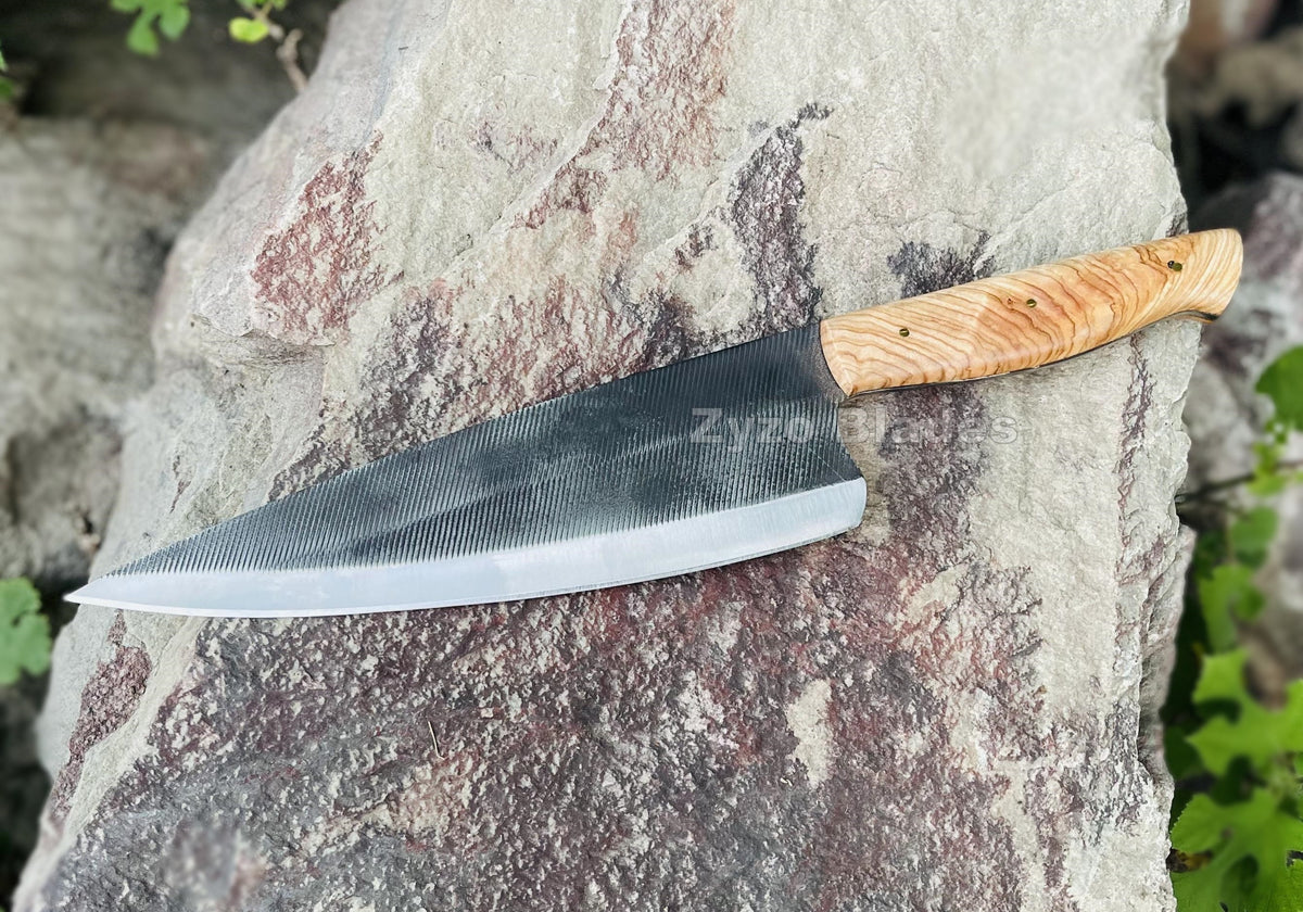 Hand Forged Chef Knife: 1095 High Carbon & 15n20 Steel, Kao Wood Handle