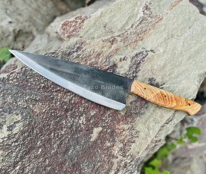 Hand Forged Chef Knife: 1095 High Carbon & 15n20 Steel, Kao Wood Handle