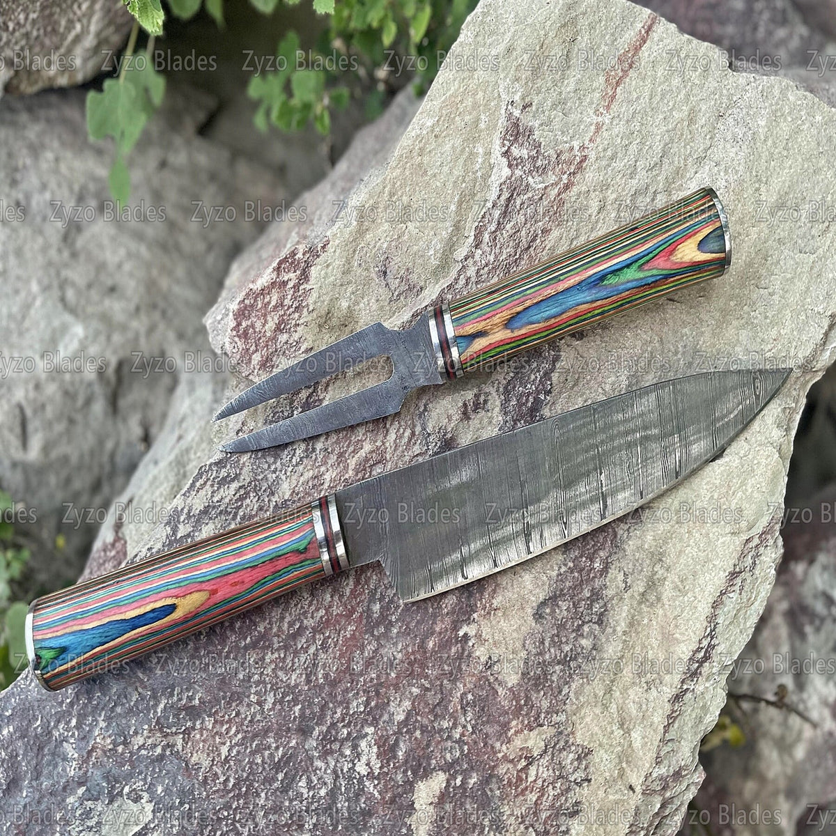 Handmade Damascus Steel Chef Knife & Fork Set, Multi Color Wood Handle