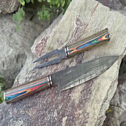 Handmade Damascus Steel Chef Knife & Fork Set, Multi Color Wood Handle