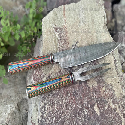 Handmade Damascus Steel Chef Knife & Fork Set, Multi Color Wood Handle