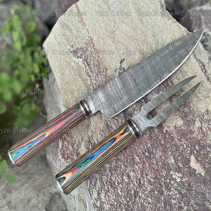 Handmade Damascus Steel Chef Knife & Fork Set, Multi Color Wood Handle