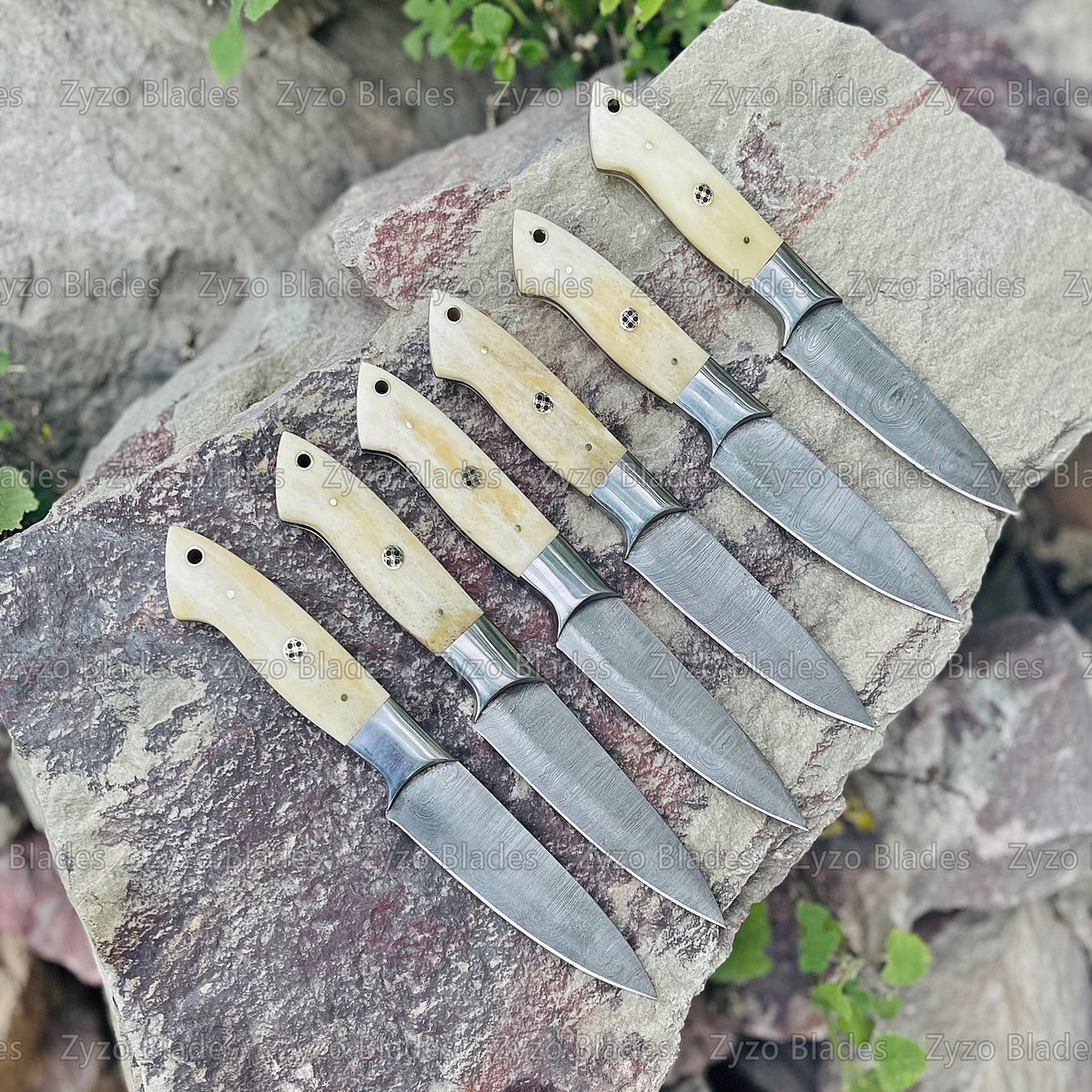 Steak Knife Set 6 Pcs Custom Handmade Damascus Steel BBQ Grilling knives - Bone Handle