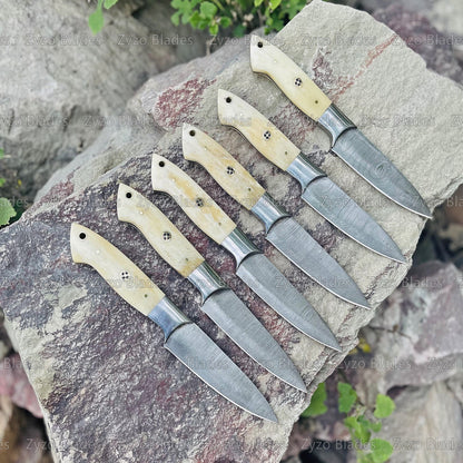 Steak Knife Set 6 Pcs Custom Handmade Damascus Steel BBQ Grilling knives - Bone Handle