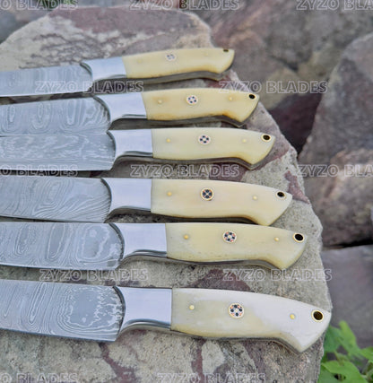 Steak Knife Set 6 Pcs Custom Handmade Damascus Steel BBQ Grilling knives - Bone Handle