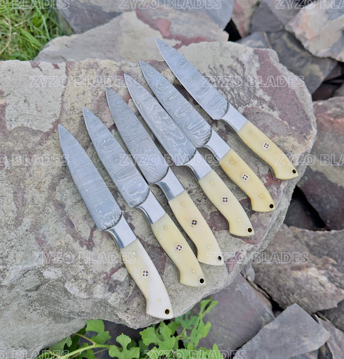 Steak Knife Set 6 Pcs Custom Handmade Damascus Steel BBQ Grilling knives - Bone Handle