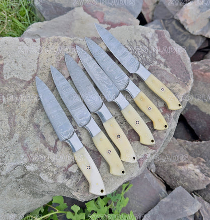 Steak Knife Set 6 Pcs Custom Handmade Damascus Steel BBQ Grilling knives - Bone Handle
