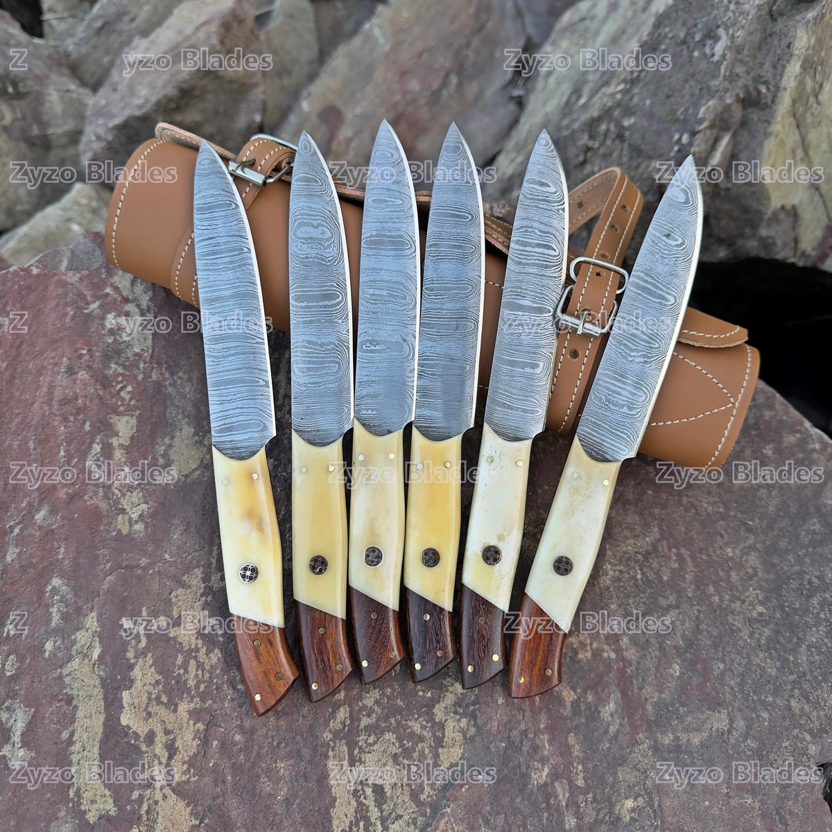Damascus Steel Steak Knife Set: High Carbon Steel, Camel Bone Handle, Leather Sheath