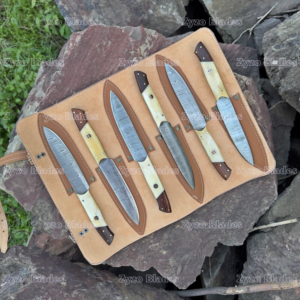 Damascus Steel Steak Knife Set: High Carbon Steel, Camel Bone Handle, Leather Sheath
